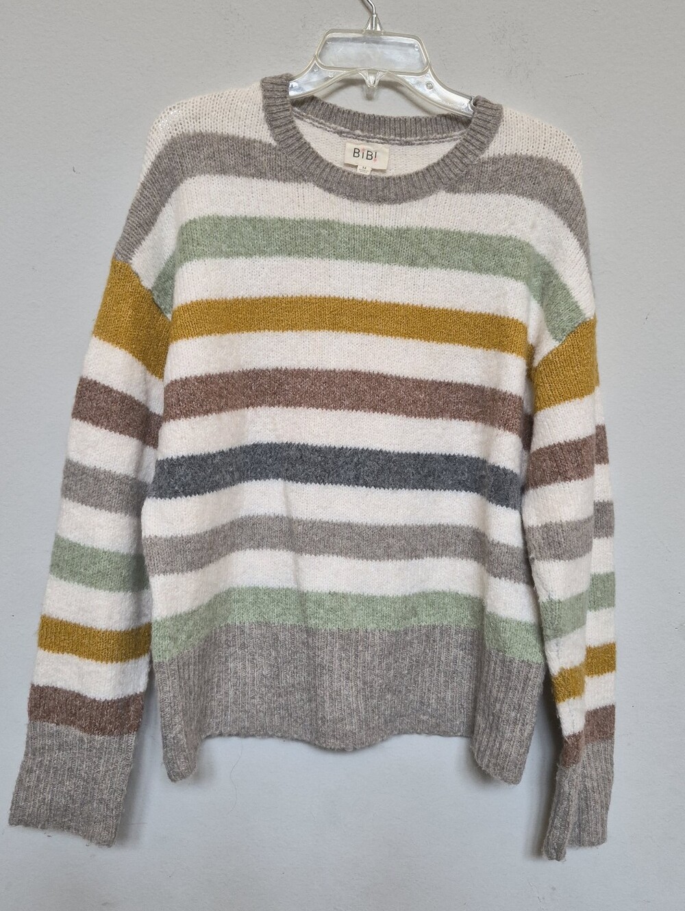 BIBI Cozy Striped Crewneck Sweater - Cream with Multicolor  Stripes Sz Medium.